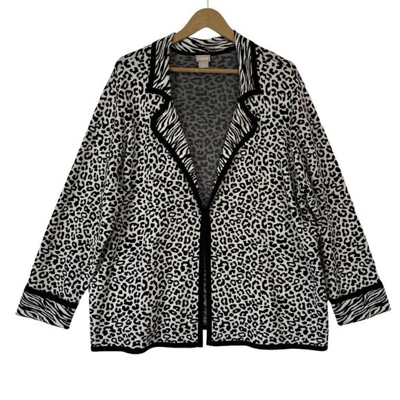 Chico’s Cardigan Sweater Size 4 XXL 2X Black Ecru Animal Open Front Blazer NEW - Picture 1 of 12